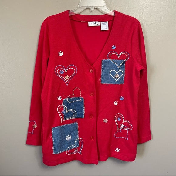 Vintage BLAIR women small sweatshirt button up Folky Applique hearts paw prints - Picture 1 of 11